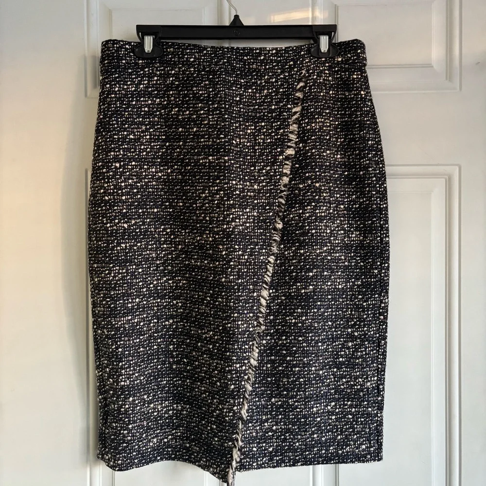 J. Crew Faux Wrap Navy/Off-White Tweed Pencil Skirt, Size 8